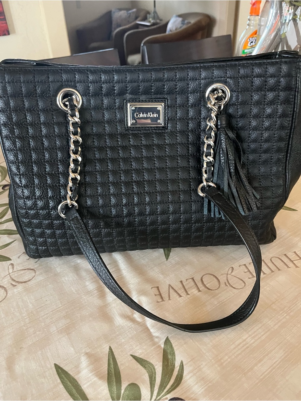 Calvin Klein Black Quilted Shoulder Tote with Chain Handles